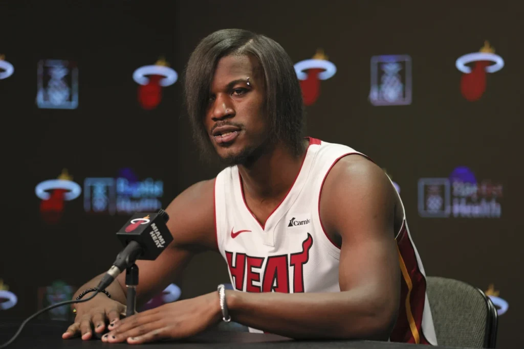 Jimmy Butler of the Miami Heat speaks to reporters Monday during media day at Kaseya Center.